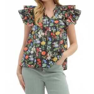 entro Black Floral Ruffle Sleeve Short-Sleeve Tee